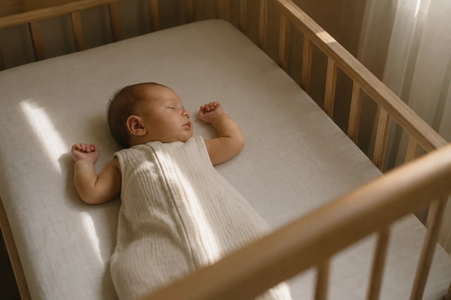 A sleeping newborn lying on their back in a wooden cot, bare apart from a fitted sheet