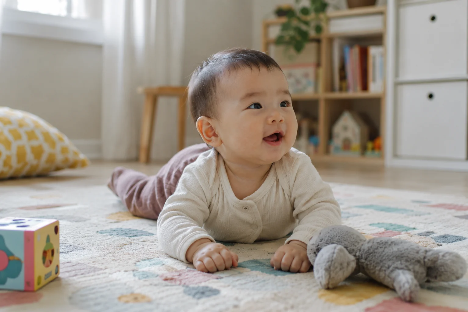 A baby during tummy time on a patterned rug, pushing up on their forearms with head lifted