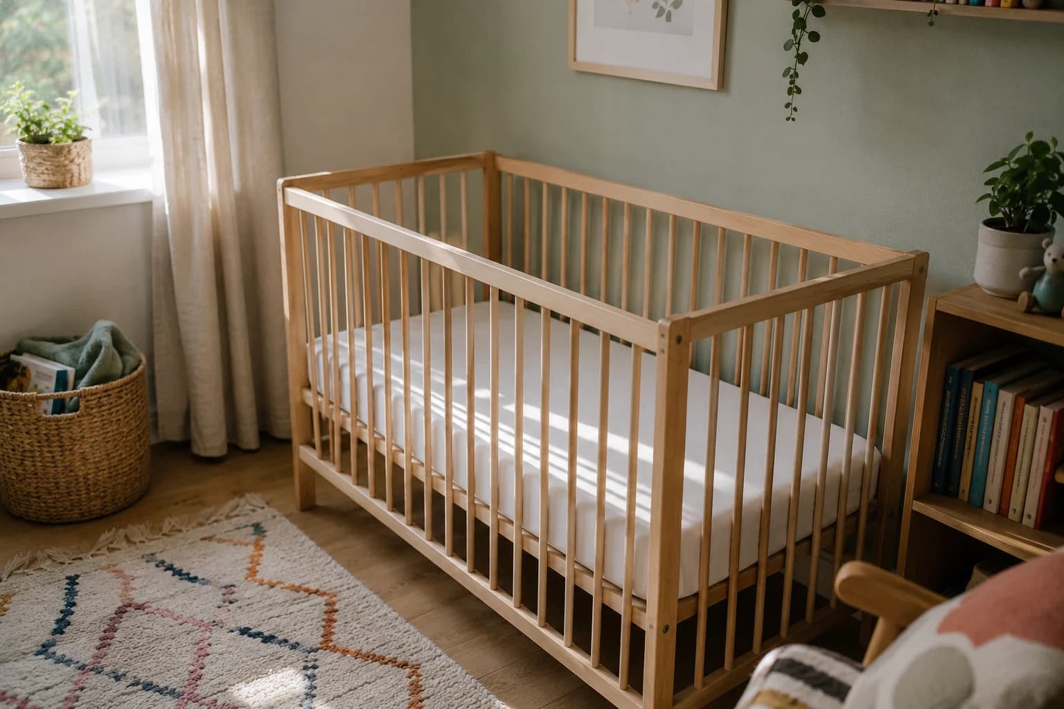 An empty wooden cot in a nursery, firm flat mattress with a fitted sheet and nothing else in it